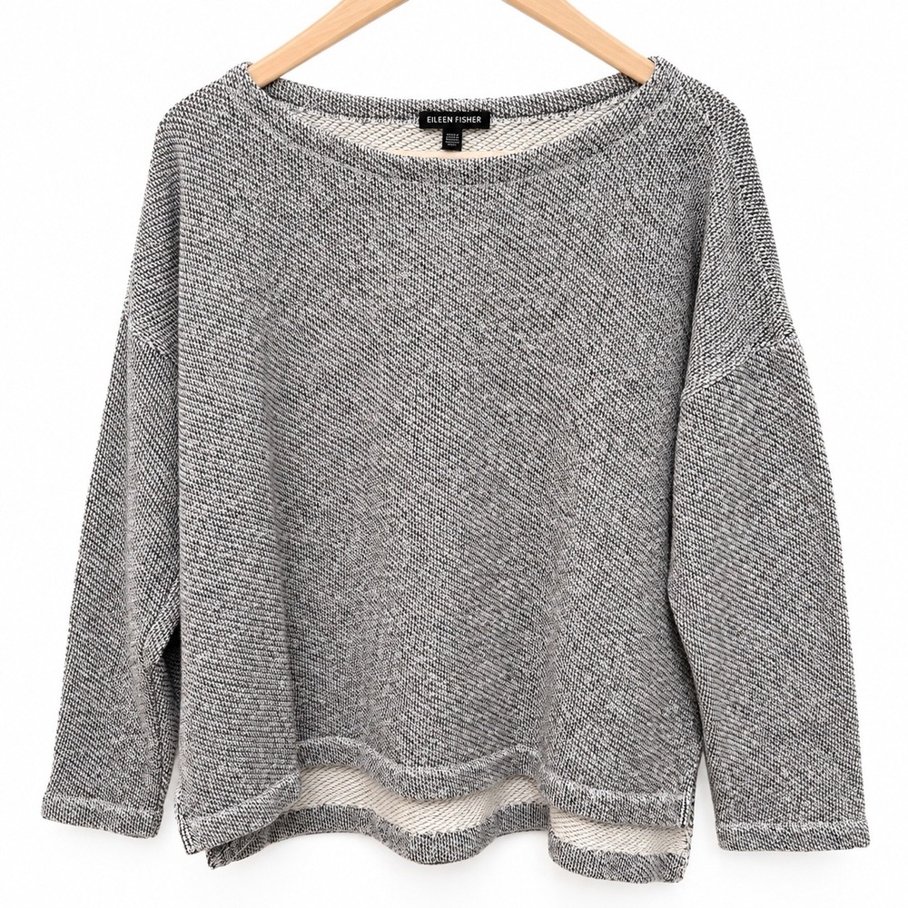 Eileen Fisher Gray Twill Knit Boat Neck Sweater Size M 100% Organic Cotton